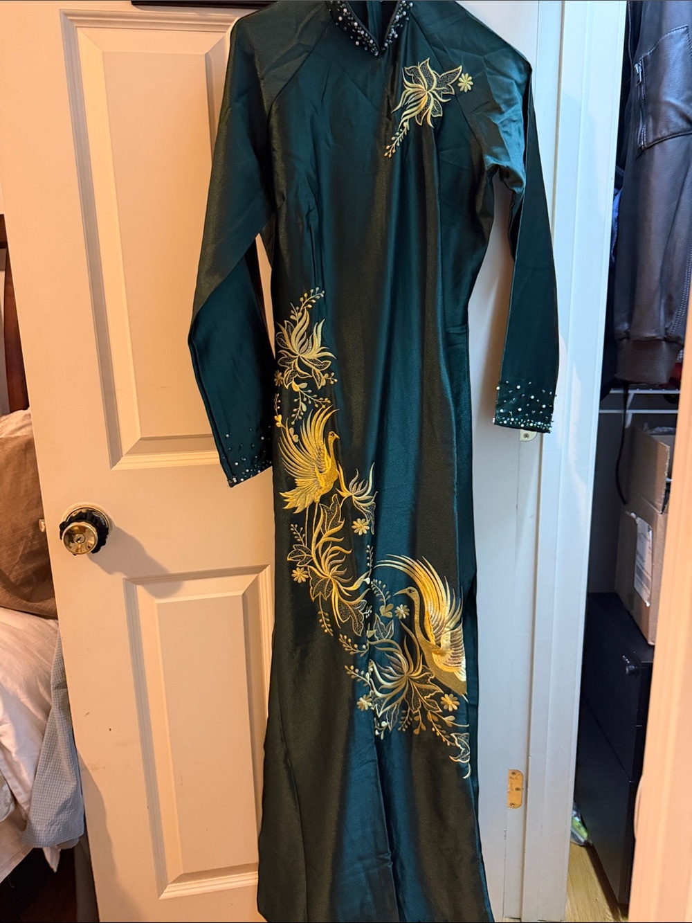 Ao dai-Emerald Green Satin Dress with Gold Embroidered Phoenix-2XL - Picture 2 of 6